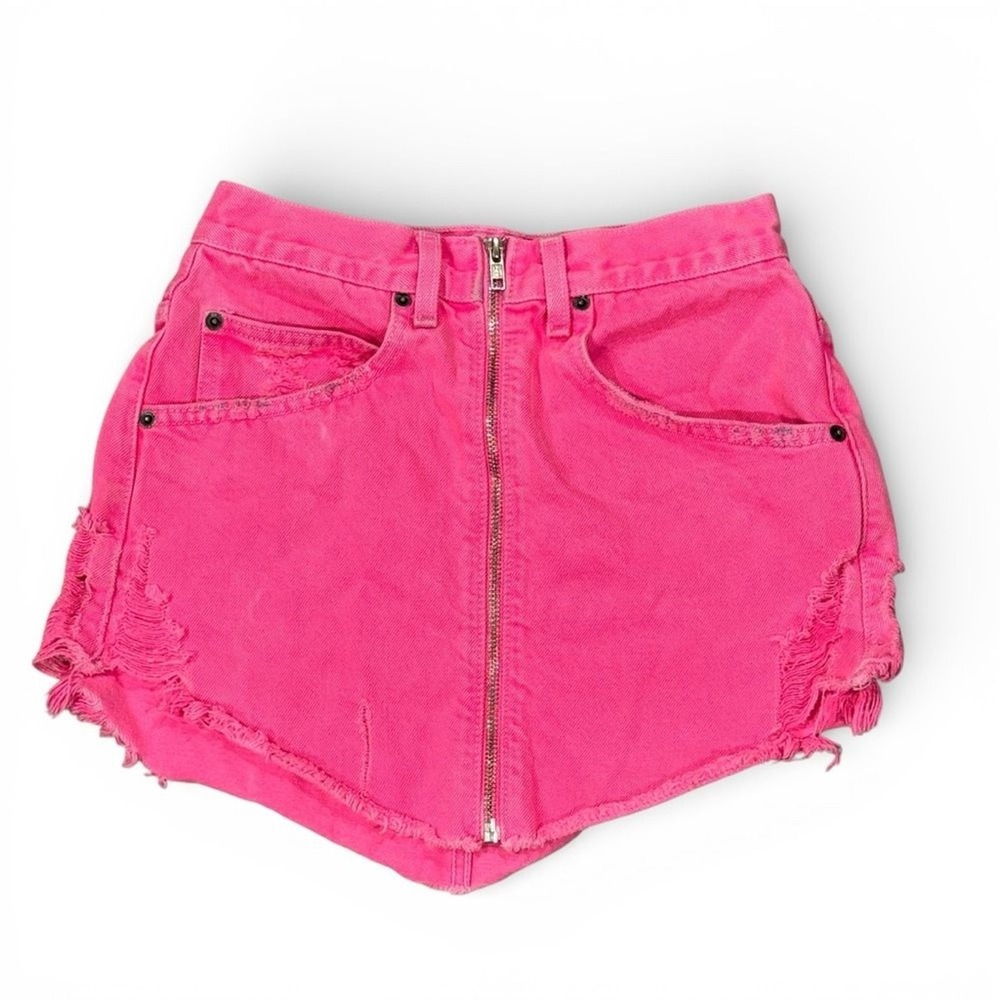 Carmar Pink Denim Mini Skirt 25 Distressed Full Zip Front Festival Y2K Grunge